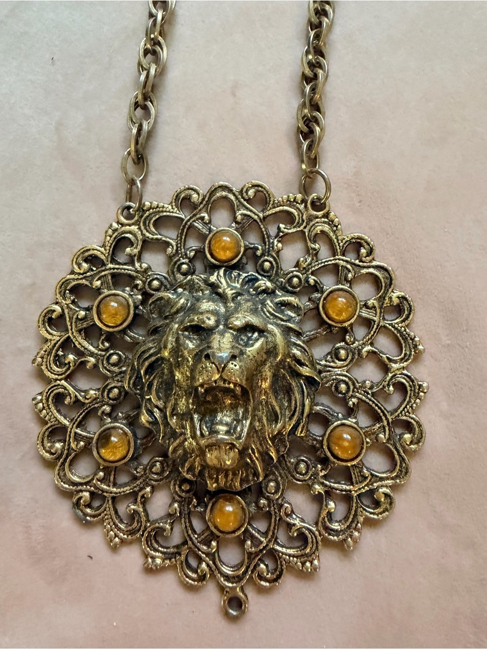 Gold-Tone Lion Medallion Necklace with Amber Accents